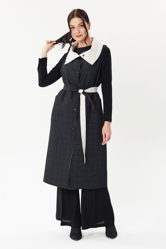 Çift Taraflı Kapitoneli Yelek SİYAH-BEJ - ORHAN