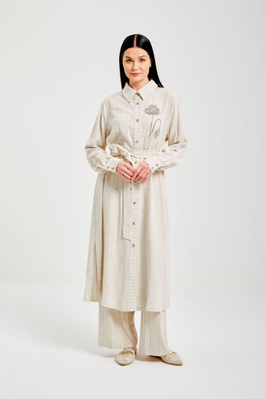 Çizgili Keten Gömlek İkili Takım BEJ - ORHAN