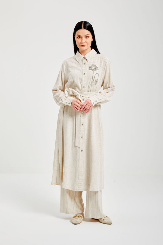 Çizgili Keten Gömlek İkili Takım BEJ - ORHAN