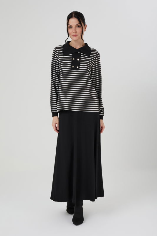 Çizgili Örme Etekli İkili Takım SİYAH - ORHAN