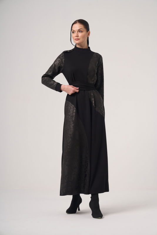 Deri Detaili Örme Elbise SİYAH - ORHAN