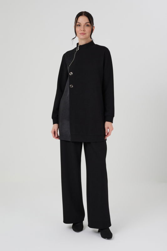 Deri Detaili Örme Jakarlı Takım SİYAH - ORHAN