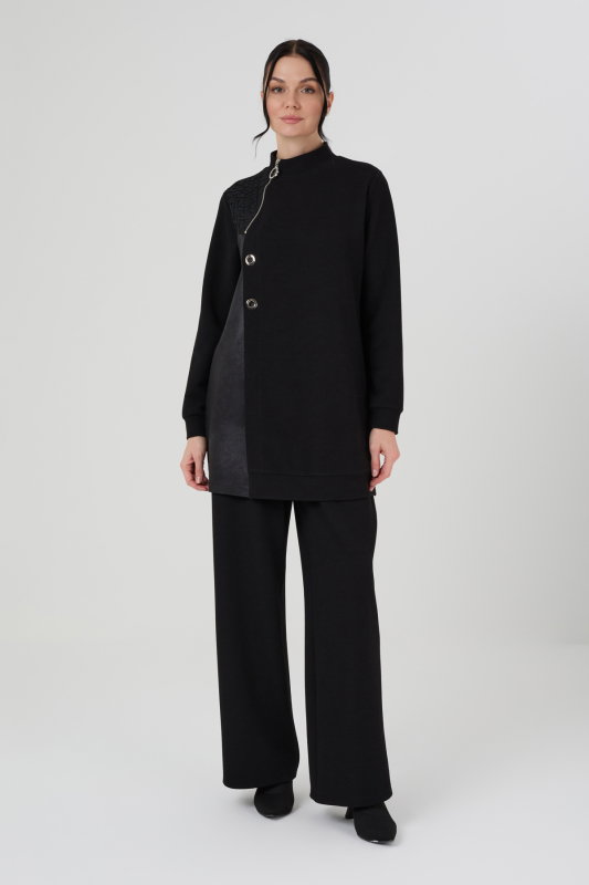 Deri Detaili Örme Jakarlı Takım SİYAH - ORHAN