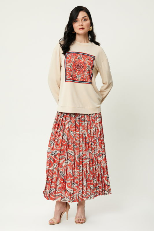 Digital Baskı Pileseli Etekli Takım BEJ-ORANJ - ORHAN