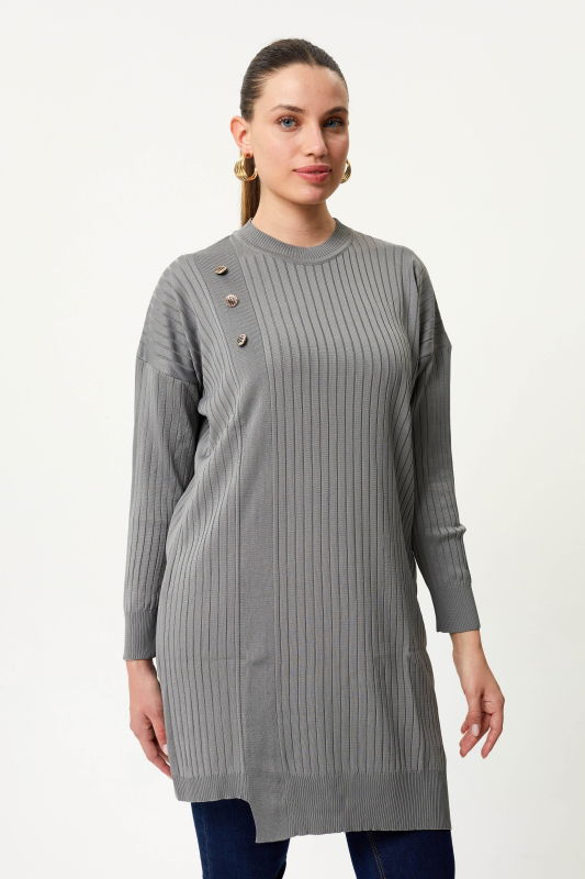 Düğme Detaili Uzun Kollu Triko GRİ - ORHAN