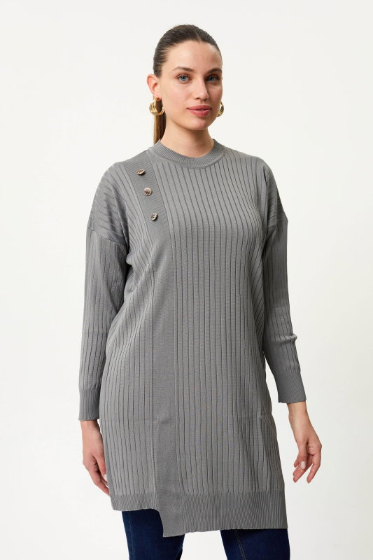 Düğme Detaili Uzun Kollu Triko GRİ - ORHAN