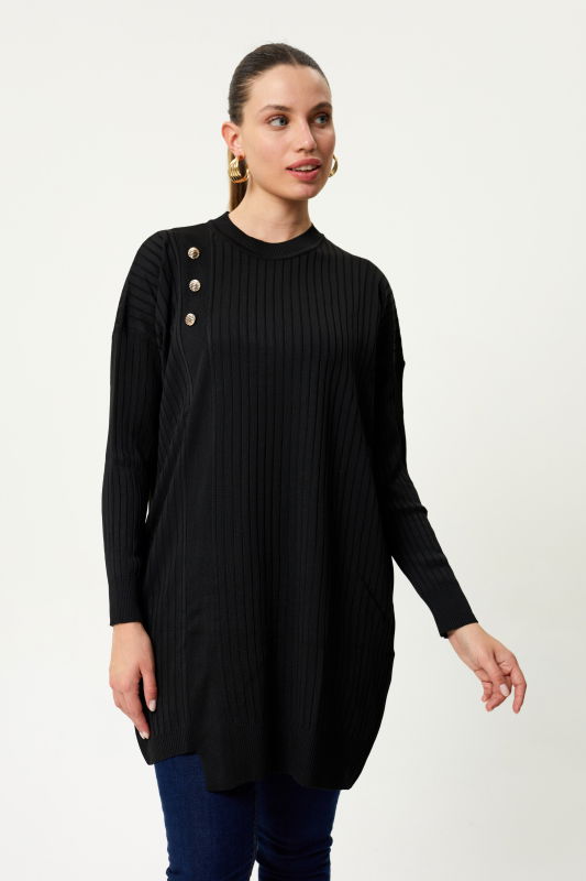 Düğme Detaili Uzun Kollu Triko SİYAH - ORHAN