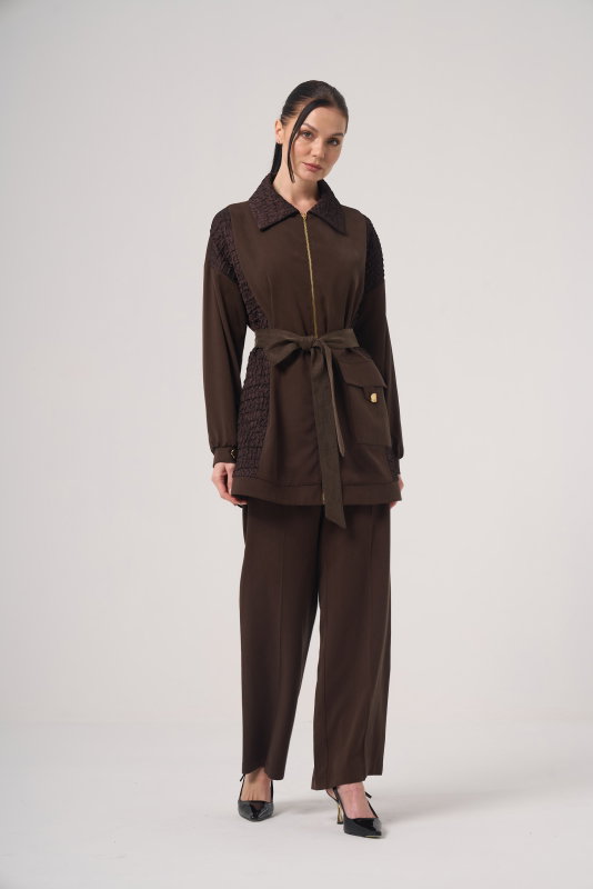 Düğmeli Jakar Detaili İkili Takım KAHVERENGİ - ORHAN