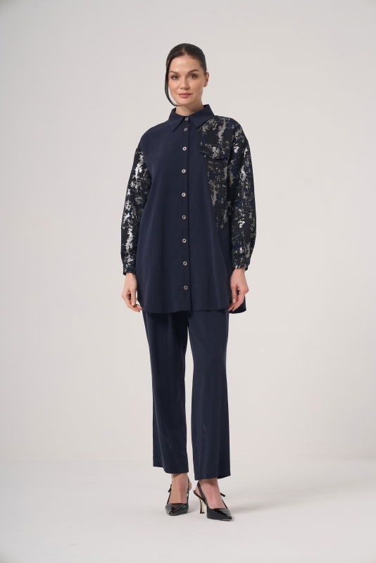 Düğmeli Jakar Detaili İkili Takım LACİVERT - ORHAN