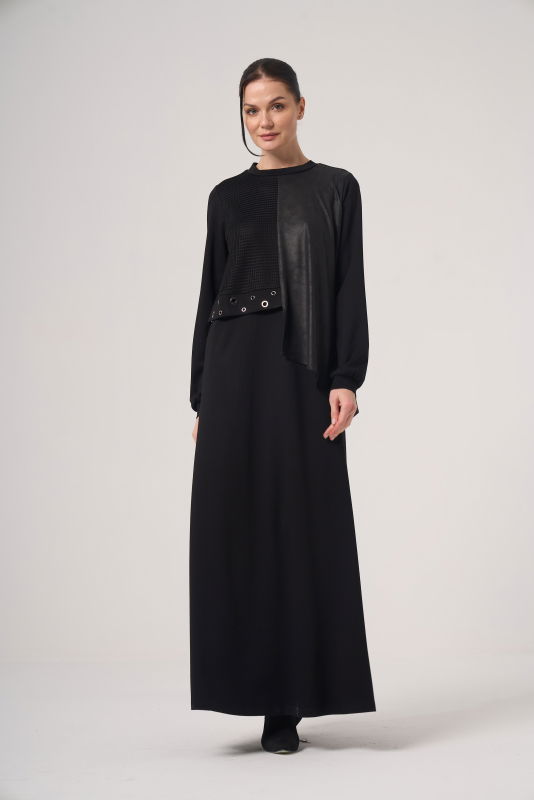 File Deri Detaili Örme Elbise SİYAH - ORHAN