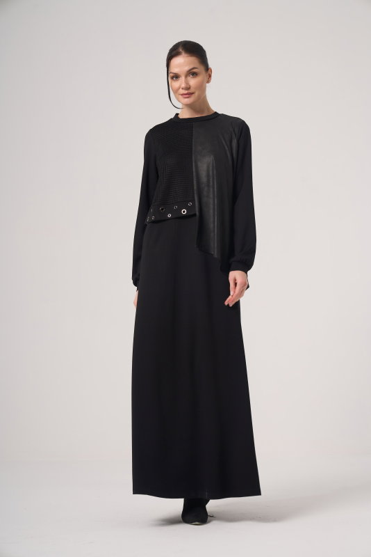 File Deri Detaili Örme Elbise SİYAH - ORHAN