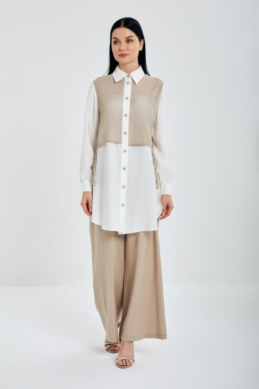 File Detaili Kuşgözlu Keten Takım EKRU-VİZON - ORHAN