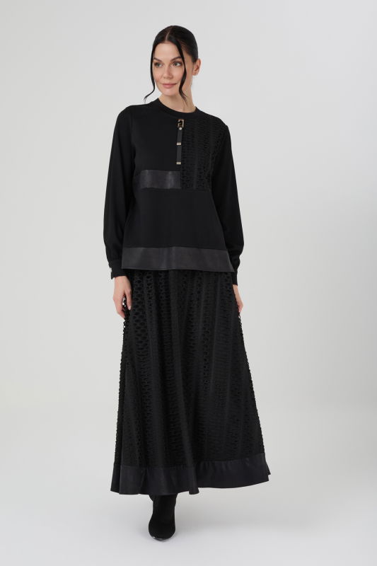 Fileli Etek Deri Detaili Örme Takım SİYAH - ORHAN