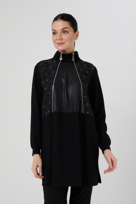 Jakar Detaili Fermuarlı Örme Tunik SİYAH - ORHAN