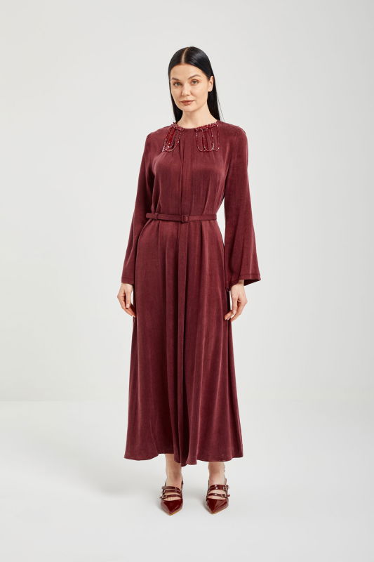 Jakar Pileli Yaka Elbise BORDO - ORHAN