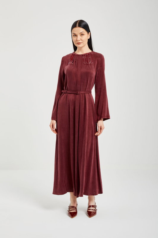 Jakar Pileli Yaka Elbise BORDO - ORHAN