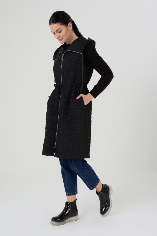 Jakarlı Fermuarlı Kapşonlu Yelek SİYAH - ORHAN