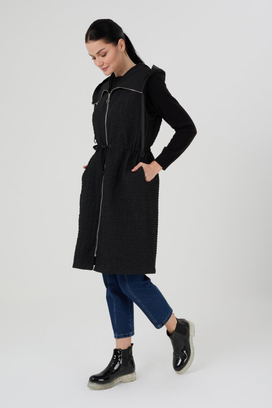 Jakarlı Fermuarlı Kapşonlu Yelek SİYAH - ORHAN