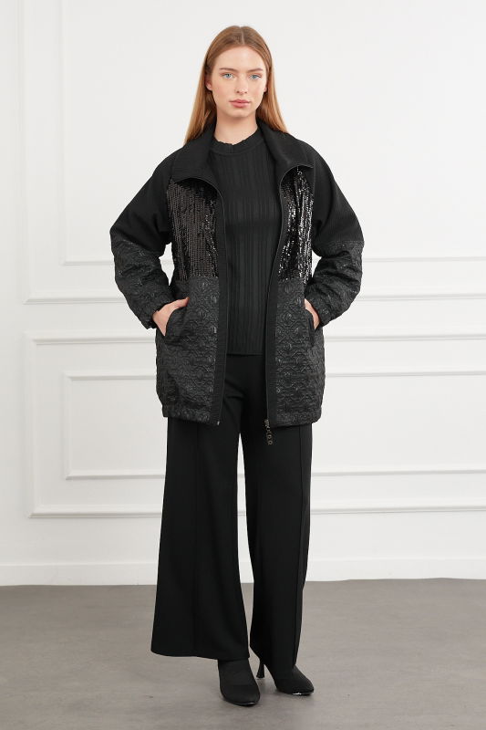 Jakarlı Kol Lastikli Payet Detaili Ceket SİYAH - ORHAN