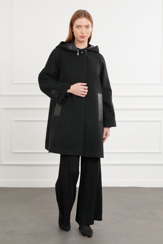 Kapşonlu Deri Detaili Kaban SİYAH - ORHAN