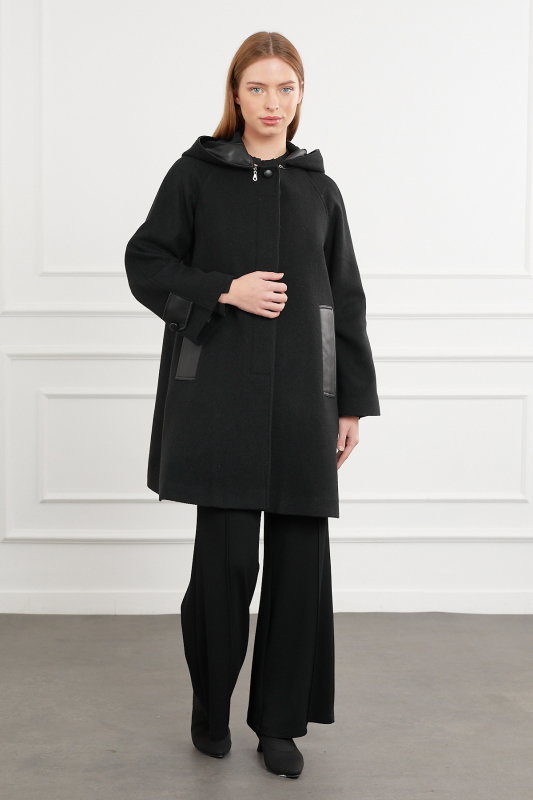 Kapşonlu Deri Detaili Kaban SİYAH - ORHAN