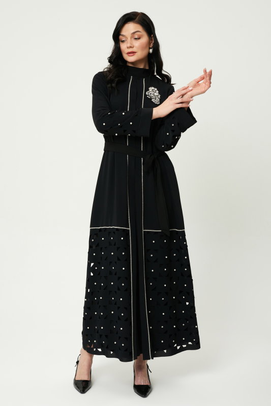 Lazerlı İncili Taşlı Şik Abaya SİYAH - ORHAN