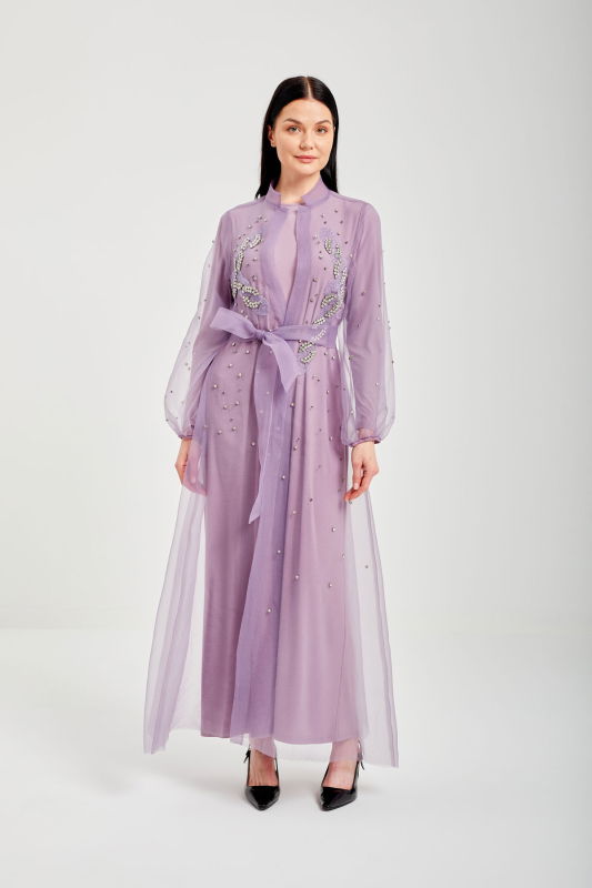 Organzeli Taşlı Suslemeli Şik Abaya LİLA - ORHAN