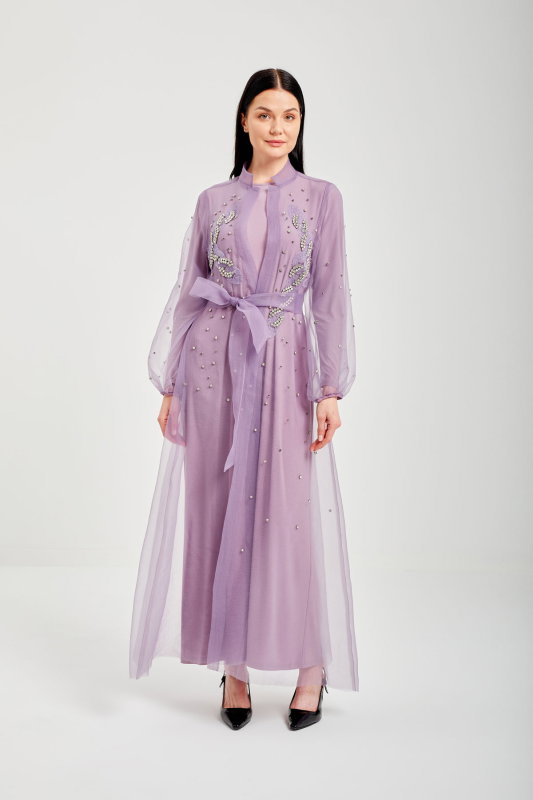 Organzeli Taşlı Suslemeli Şik Abaya LİLA - ORHAN