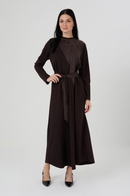 Örme Deri Detaili Nakışlı Elbise KAHVERENGİ - ORHAN