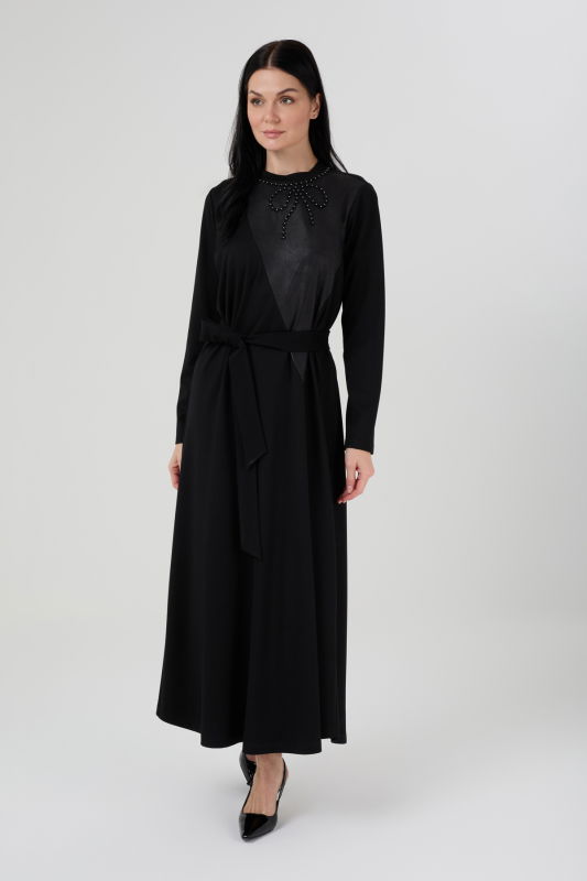 Örme Deri Detaili Nakışlı Elbise SİYAH - ORHAN