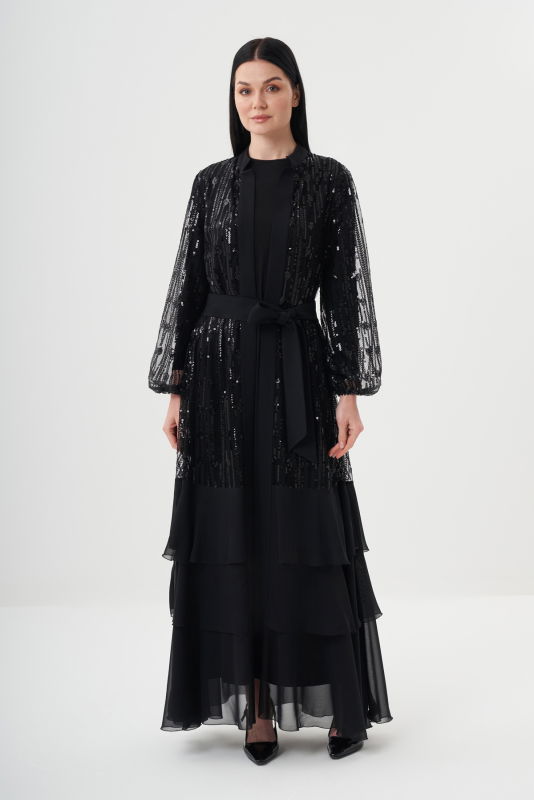 Payetli Şifon Volanlı Şik Abaya SİYAH - ORHAN