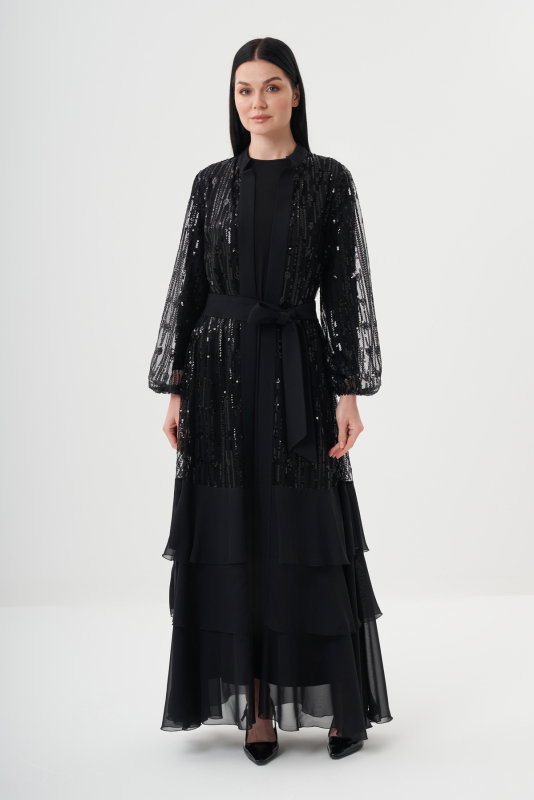Payetli Şifon Volanlı Şik Abaya SİYAH - ORHAN