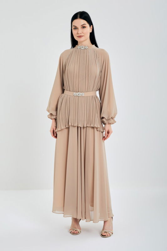Piliseli Tunik Şifonlu Takım BEJ - ORHAN