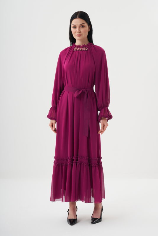 Şifon Firfirli Elbise BORDO - ORHAN
