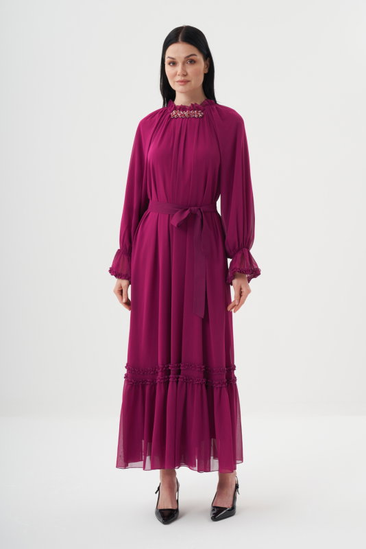 Şifon Firfirli Elbise BORDO - ORHAN