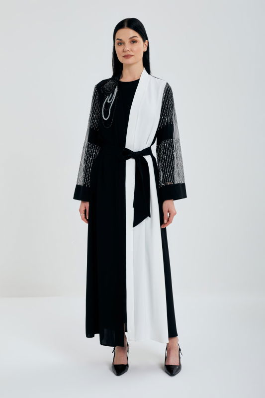 Siyah Beyaz Pullu Şik Abaya SİYAH-EKRU - ORHAN