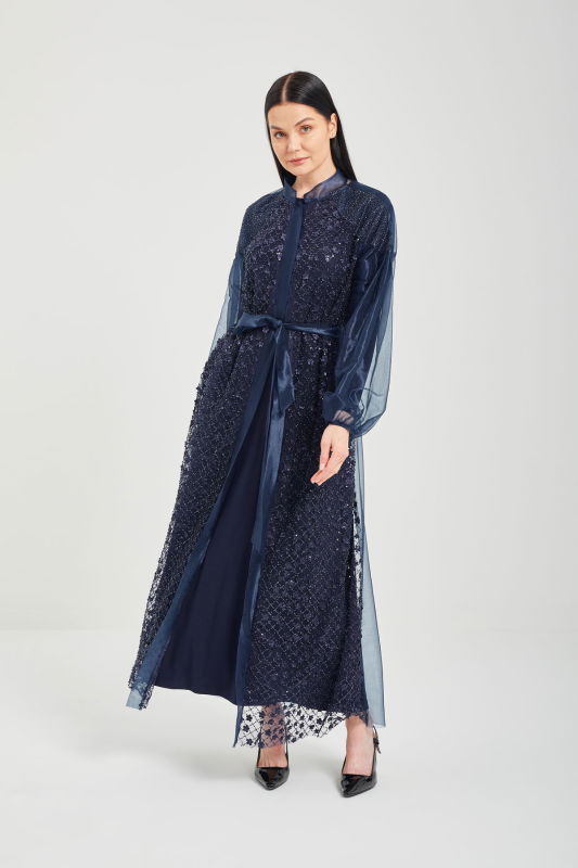 Taşli Çiçekli Şik Abaya LACİVERT - ORHAN