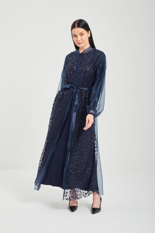 Taşli Çiçekli Şik Abaya LACİVERT - ORHAN