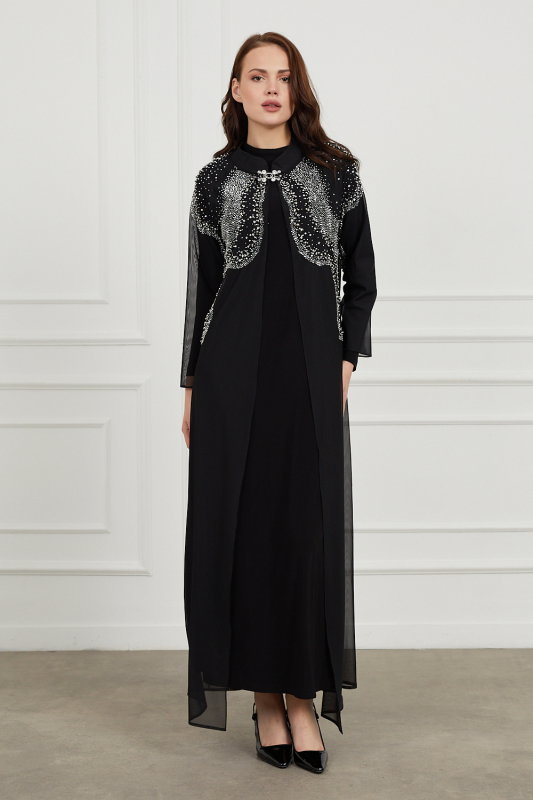 Taşlı İncili Şik Abaya SİYAH - ORHAN