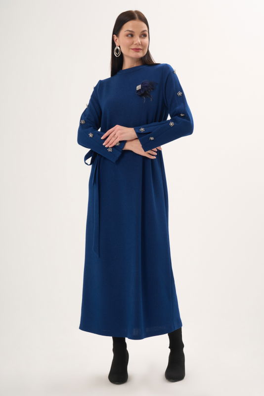 Triko Düğme Detaili Elbise LACİVERT - ORHAN