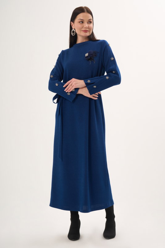Triko Düğme Detaili Elbise LACİVERT - ORHAN