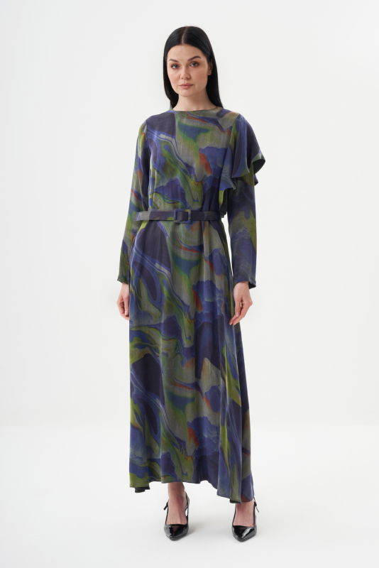 Volan Detaili Jakarlı Elbise LACİVERT - ORHAN