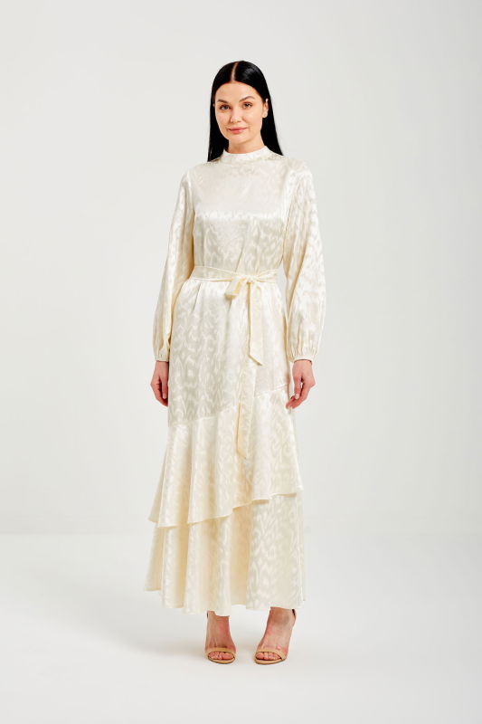 Volanlı Jakarlı Elbise KREM - ORHAN